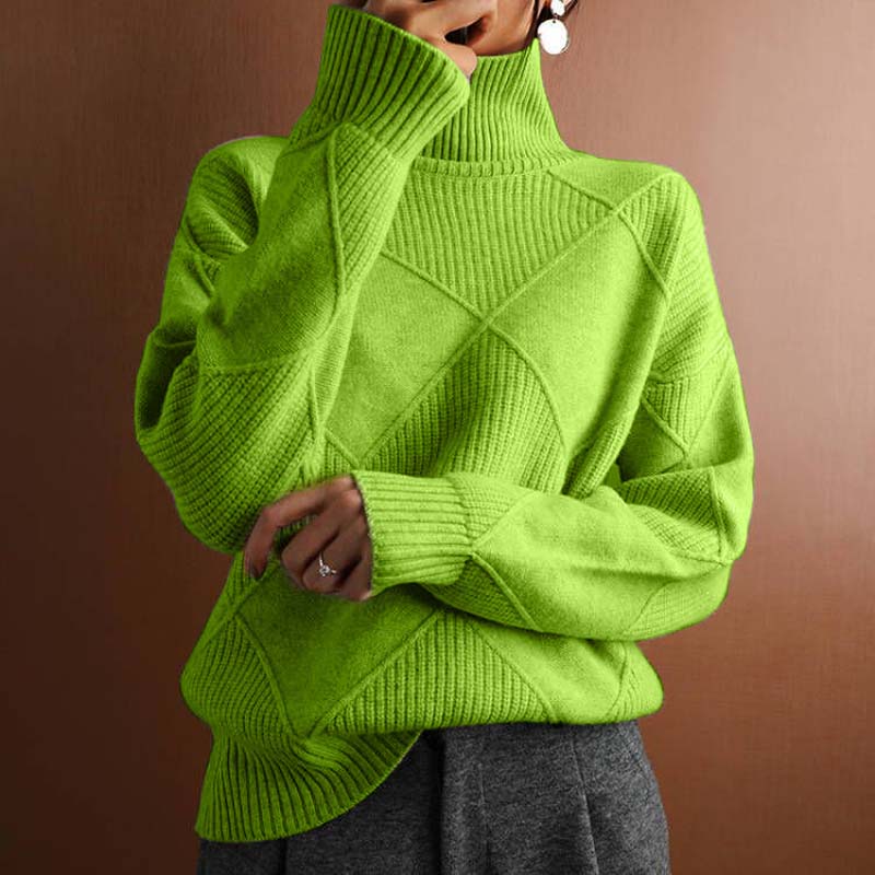 Street-Wave Womens Knit Sweater Lime Green Stand Collar Cozy Cotton Acrylic Pullover