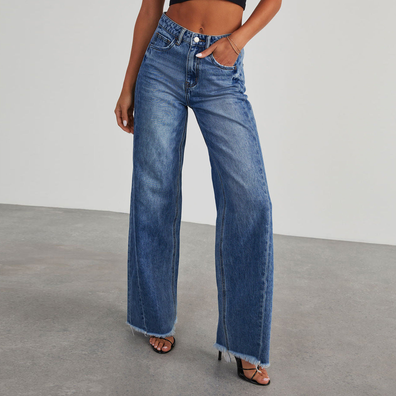 Street-wave Wide Leg Jeans For Women With Frayed Hem Trendy Casual Denim For Everyday Fashion