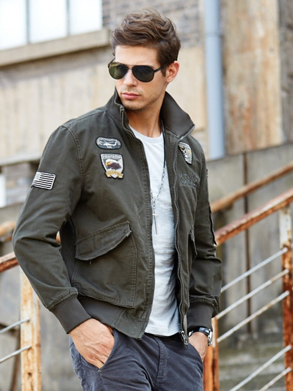 Men's Bomber Jacket With Patches Stand Collar And Utility Pocket Standard Fit For Everyday Wear