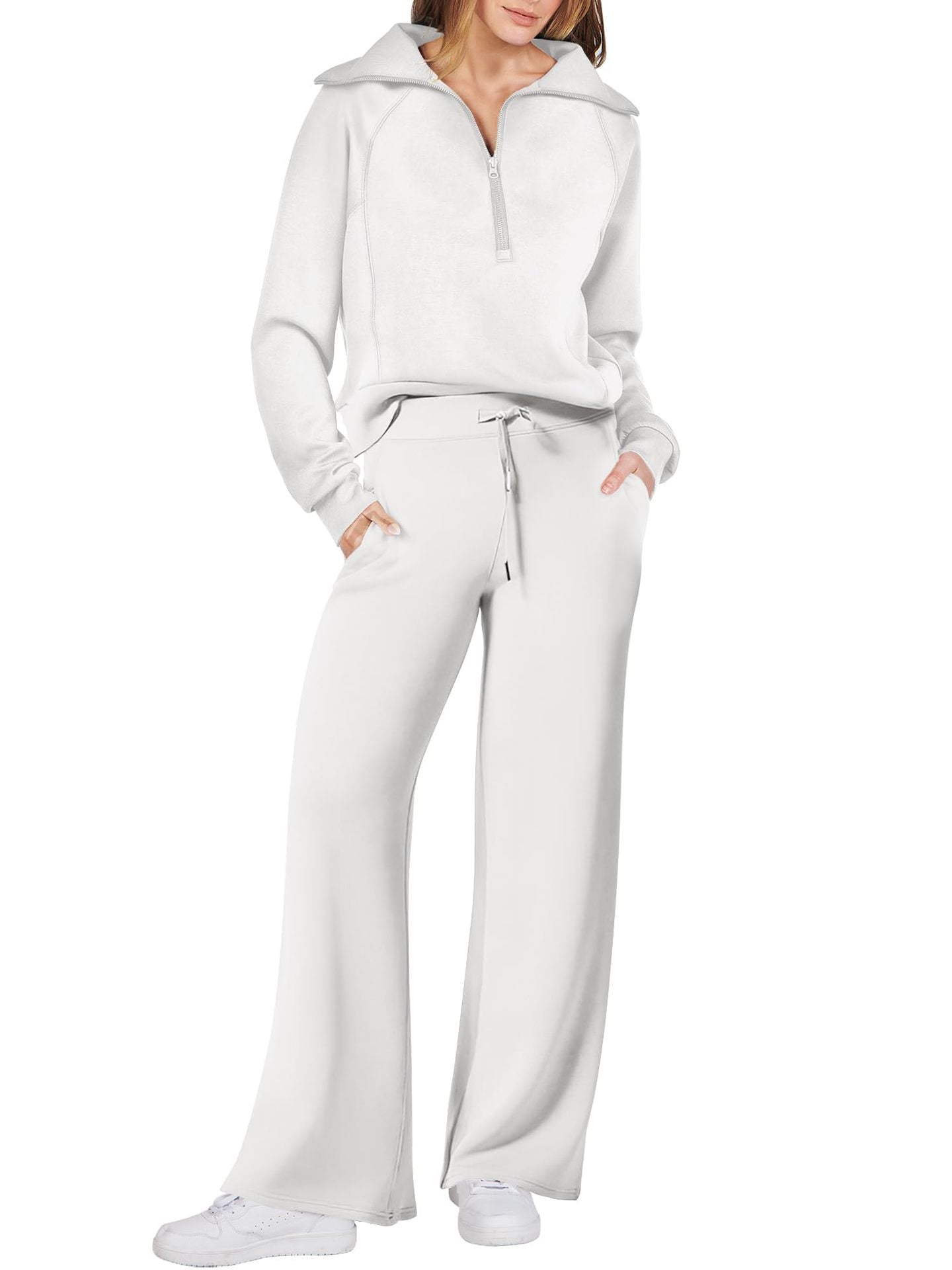 Street-wave Women’s Cozy Two Piece Set With Zip Front And Pockets Casual Loungewear For Home
