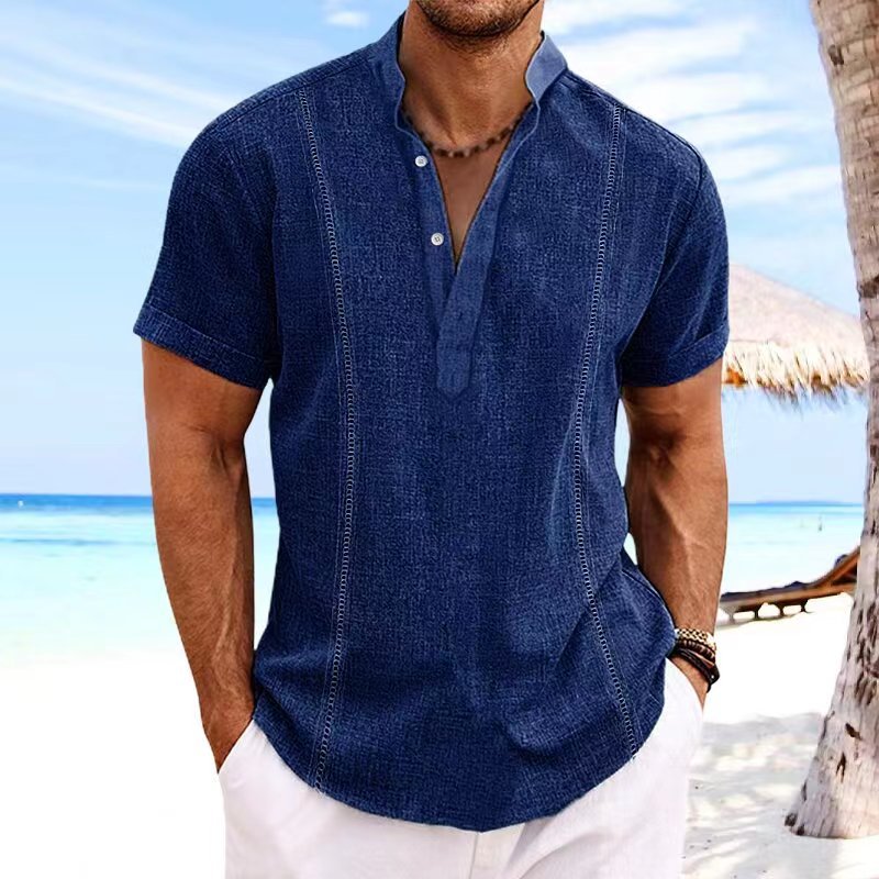 Street-Wave Mens Linen Short Sleeve Shirt Breathable Lightweight Casual Vacation Wear