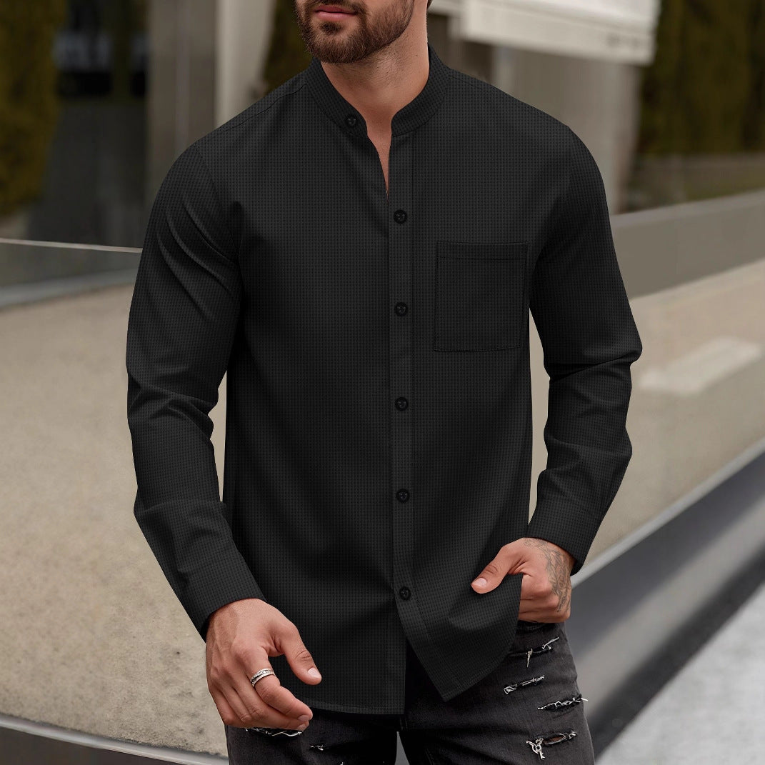 Street-Wave Men's Long Sleeve Shirt With Stand Collar And Chest Pocket For Modern Men