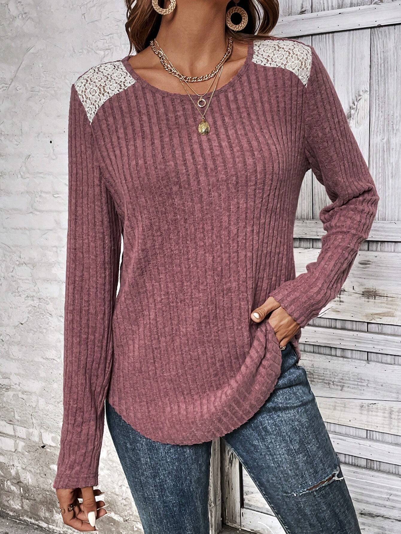 Streetwave Women Ribbed Long Sleeve Knit Top With Lace Shoulder Details For Everyday Wear