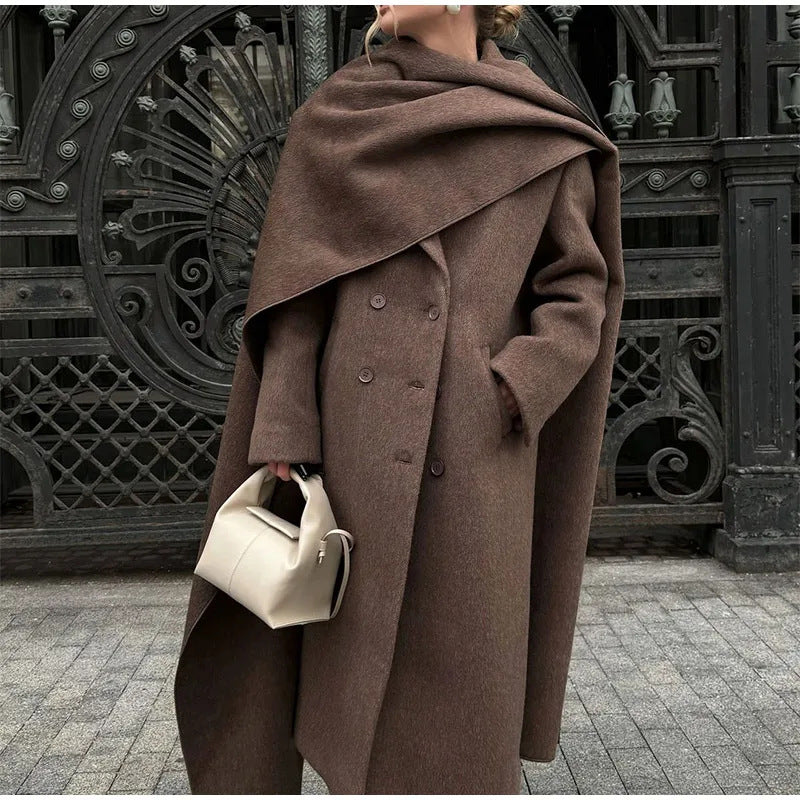 Street-wave Oversize Wool Coat With Chic Hood Attachment For Women Elegant Warm Everyday