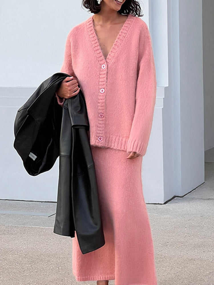 Street Wave Cozy Knit Cardigan And Knee Length Skirt Set For Women Soft Warm Comfort