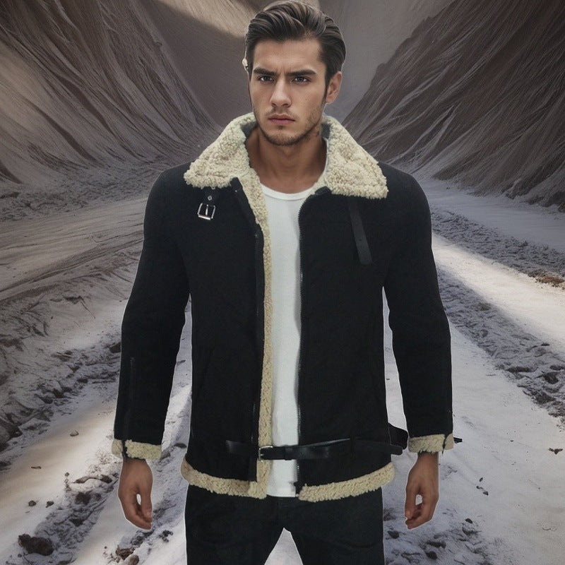 Street-Wave Men's Shearling Lambskin Jacket With Removable Hood Modern Fit Warm Winter Coat