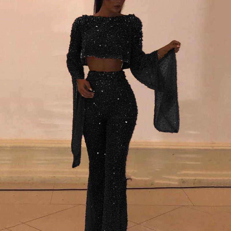 Street-Wave Glitter Sequin Two-Piece Set With Wide-Leg Pants And Long Sleeves For Women