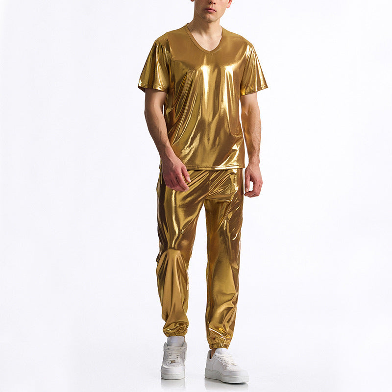 Street-wave Mens Breathable Shiny Material V-Neck Tracksuit Set For Fitness Enthusiasts And Gym Lovers