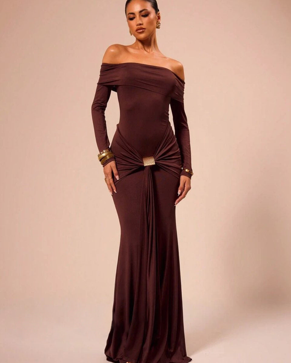 Street Wave Off Shoulder Maxi Dress With Ruched Detailing For Elegant Women For Glamorous Evening Occasions