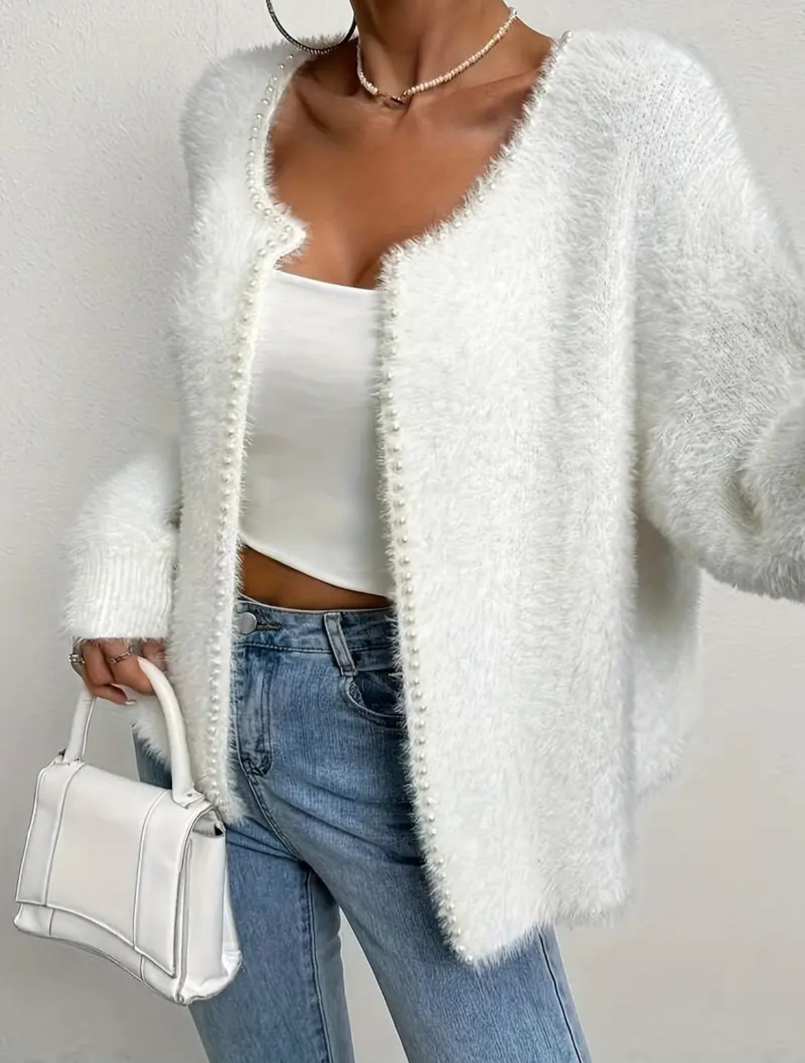 Streetwave Fluffy Cardigan With Pearl Buttons For Women Cozy Casual Knit Layering
