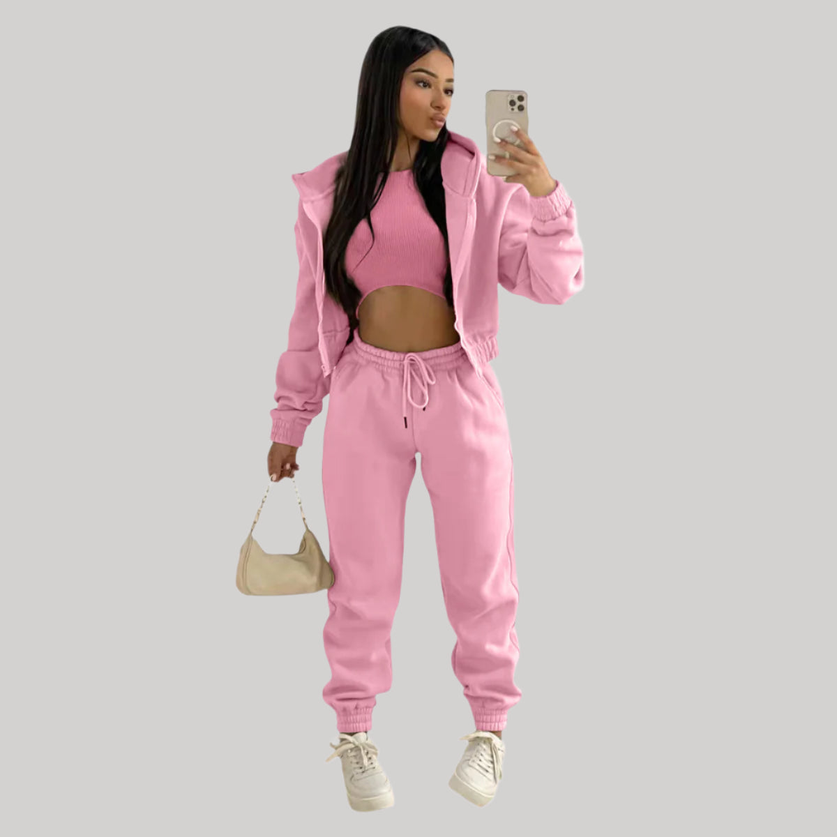 Street-wave Women Three-Piece Tracksuit Set With Cropped Ribbed Top Zip Hoodie And High-Waisted Joggers