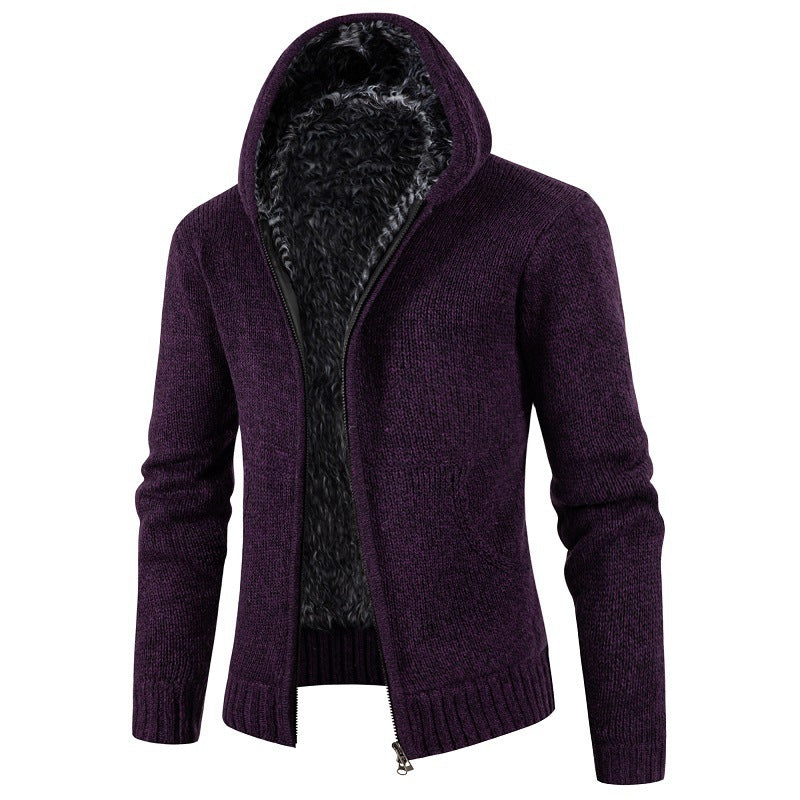 Street-wave Men's Knit Cardigan With Hood And Soft Inner Fleece Lining For Cozy Warmth