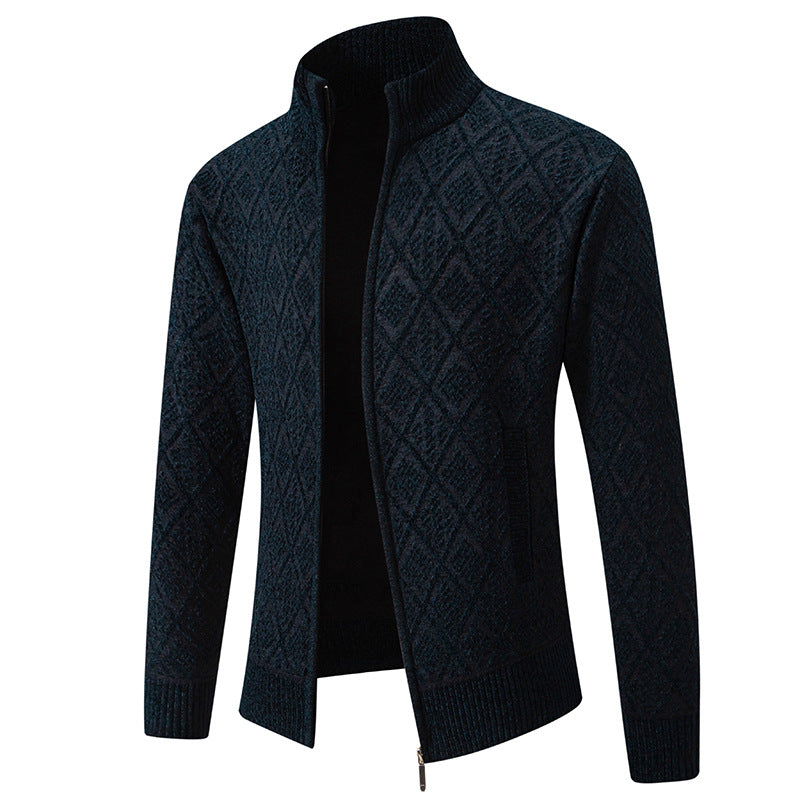 Streetwave Mens Knit Cardigan With Structured Diamond Pattern And High Collar For Men