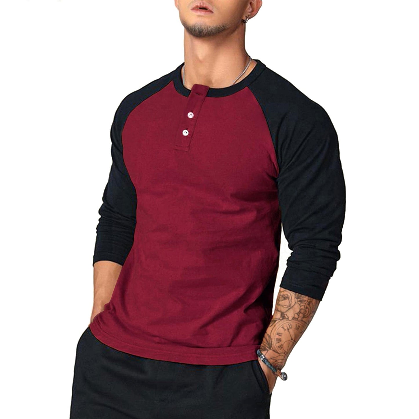 Street-Wave Mens Long Sleeve Henley Shirt With Contrast Sleeves Soft Cotton Comfort