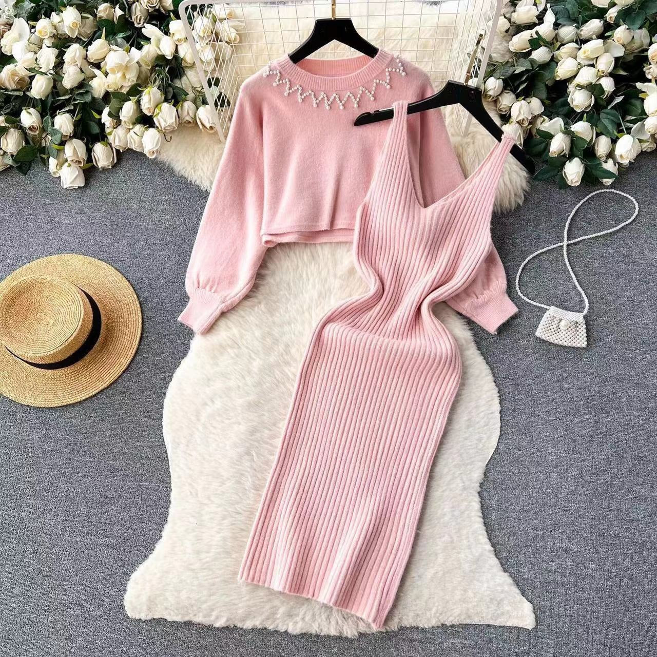 Street-Wave Women Knit Dress Set Featuring Refined Rib Texture And Chic Crop Sweater For Elegant Everyday Look