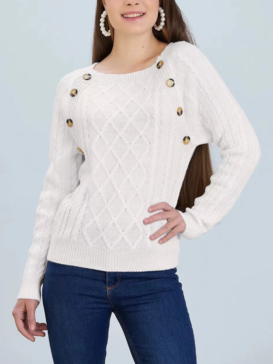 Street-Wave Women's Diamond Knit Pullover With Decorative Buttons Cozy Classic Sweater
