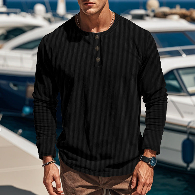 Streetwave Mens Long Sleeve Ribbed Knit Shirt With Button Placket For Daily Casuals