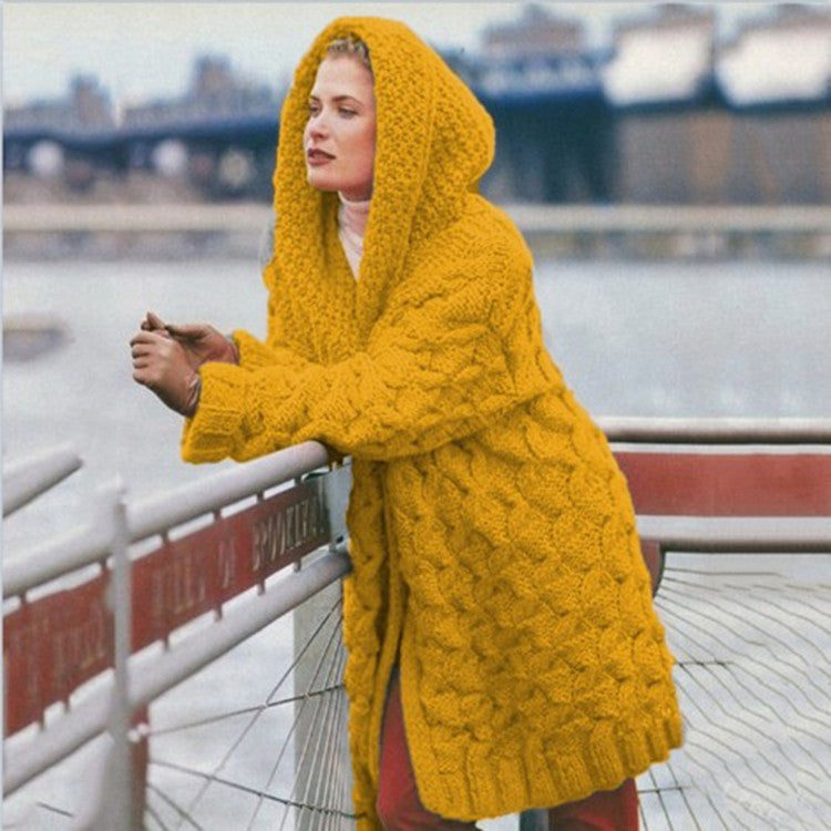 Street-wave Women's Oversized Chunky Knit Hooded Coat Cozy Warmth Soft Wool Casual Chic Outerwear