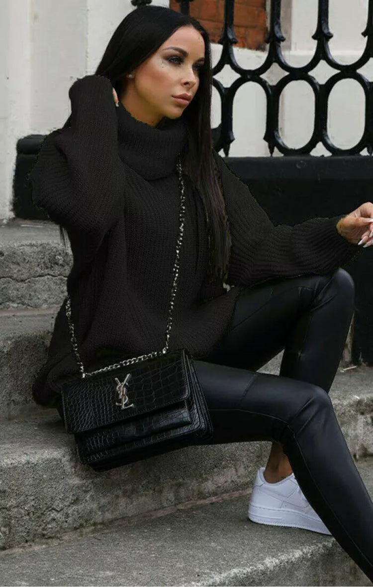 Street Wave Women Oversized Knit Sweater High Collar Cozy