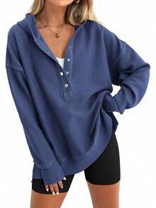 Street-Wave Women's Ribbed Hoodie With Button Placket, Drop Shoulders, And Relaxed Fit For Casual All Day Comfort