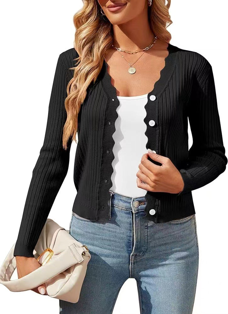 Street Wave Women Elegant Cardigan With Wavy Edge Knit Lightweight Chic Comfort Everyday