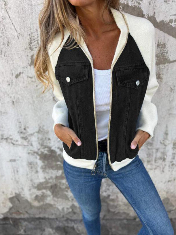 Streetwave Knitted Patchwork Hoodie Jacket For Women Warm Cozy Denim Knit Blend Everyday Style
