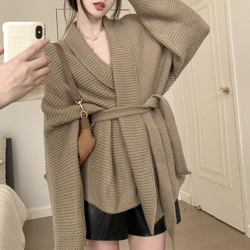 Street Wave Cozy Knit Belted Blazer For Women With Voluminous Sleeves Soft Breathable Cardigan Style Jacket