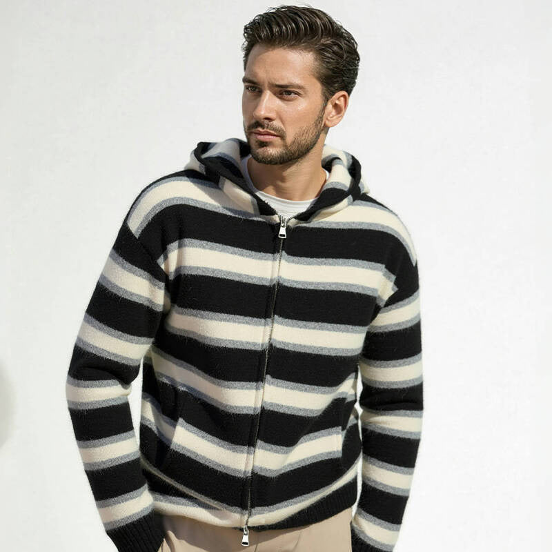 Street-wave Men's Quilted Zip Hoodie with Striped Pattern, Full Zipper, Cozy Warmth