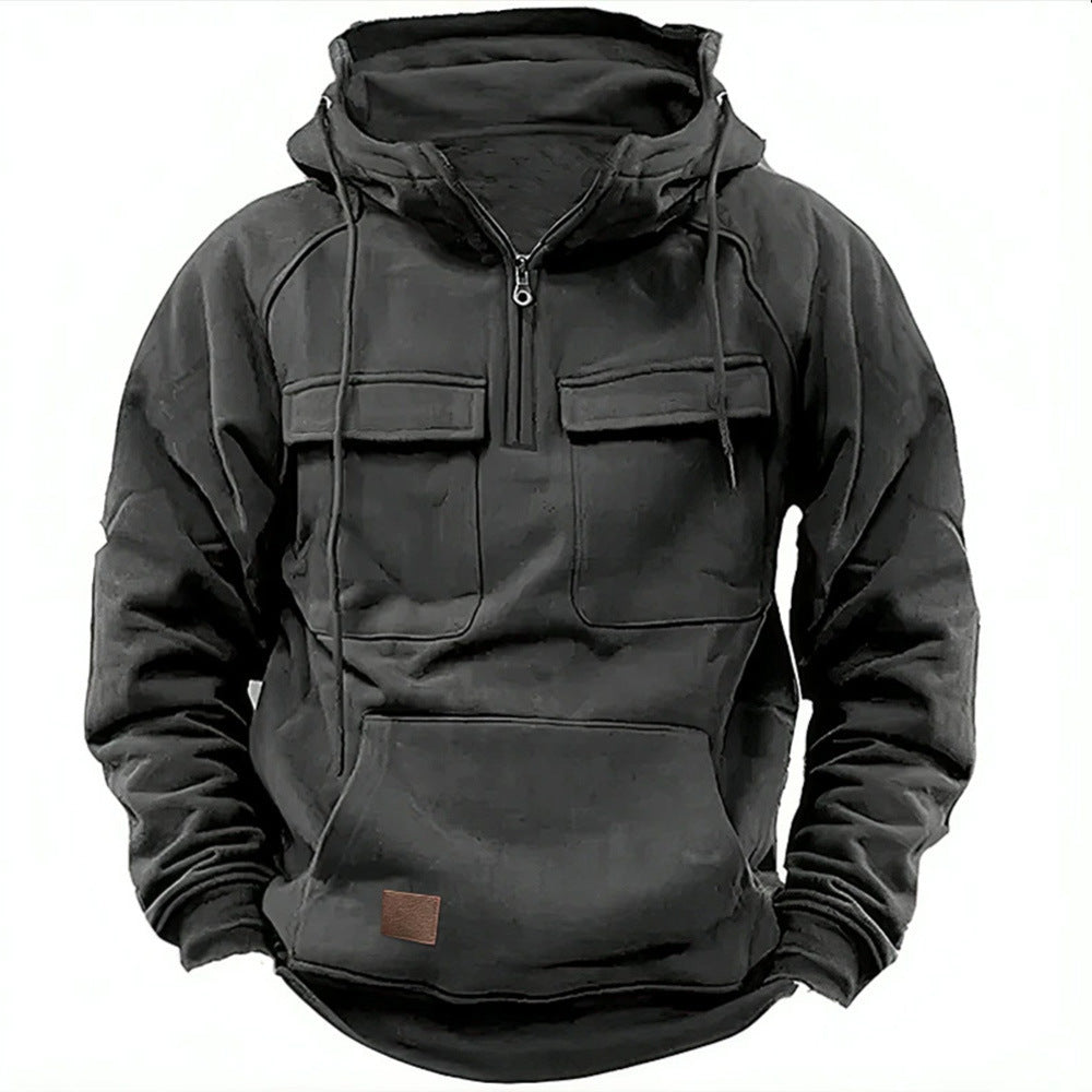 Street-Wave Men's Utility Hoodie With Front Pockets And Half Zip For Adventurers