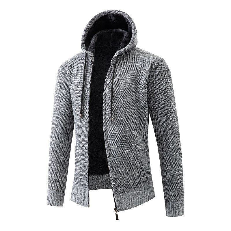 Mens Hooded Fleece Lined Knit Cardigan Street Wave Premium Warmth For Men With Cozy Insulated Feel
