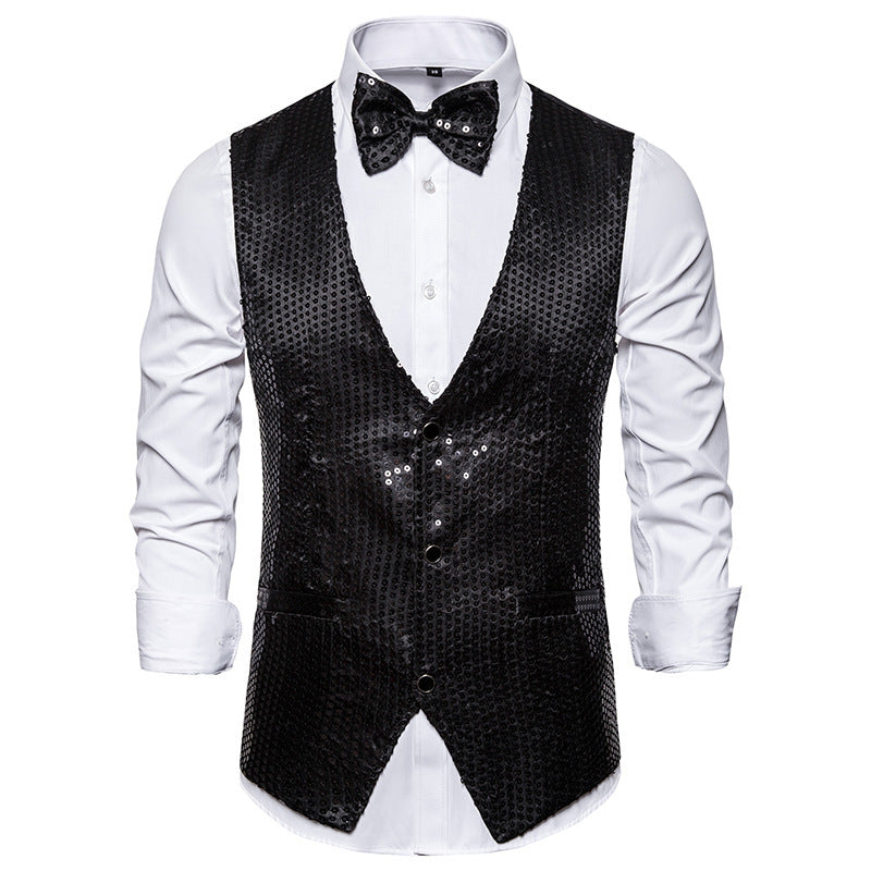 Streetwave Men Sequin Waistcoat With Matching Bow Tie Elegant Festive Vest For Weddings