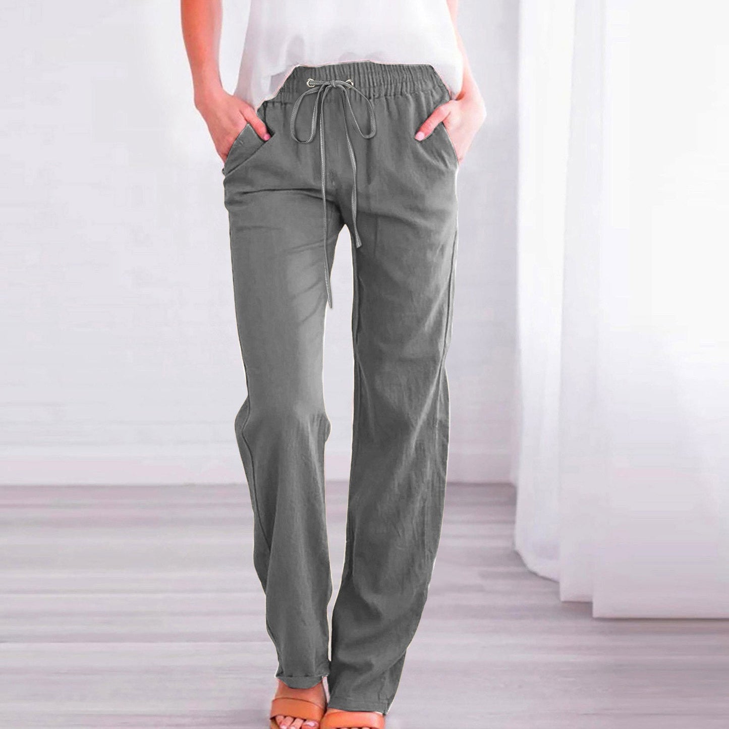 Streetwave Women's Linen Pants With Elastic Waistband And Pockets For All Day Comfort