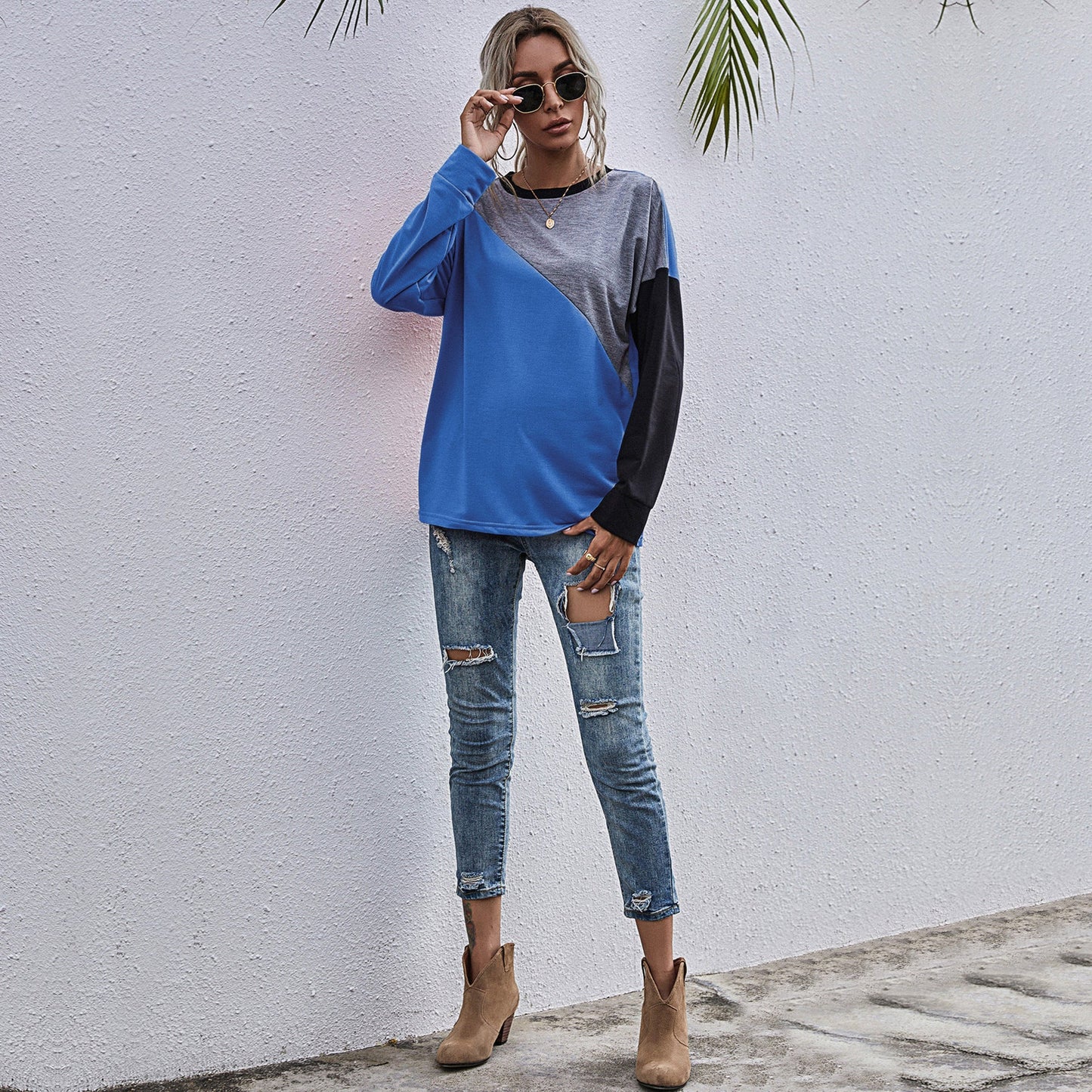 Street-Wave Womens Color Block Sweatshirt Pink Gray Black For All Day Comfort Casual Everyday Style