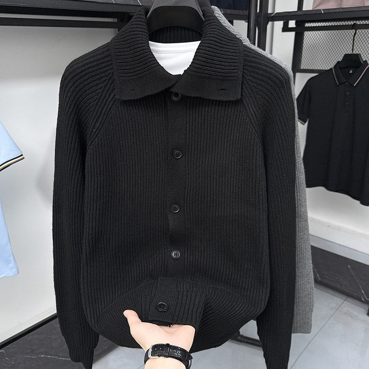 Street-Wave Men's Knit Cardigan With Soft Rib Knit Pattern, Button-Down Collar, Versatile Everyday Wear