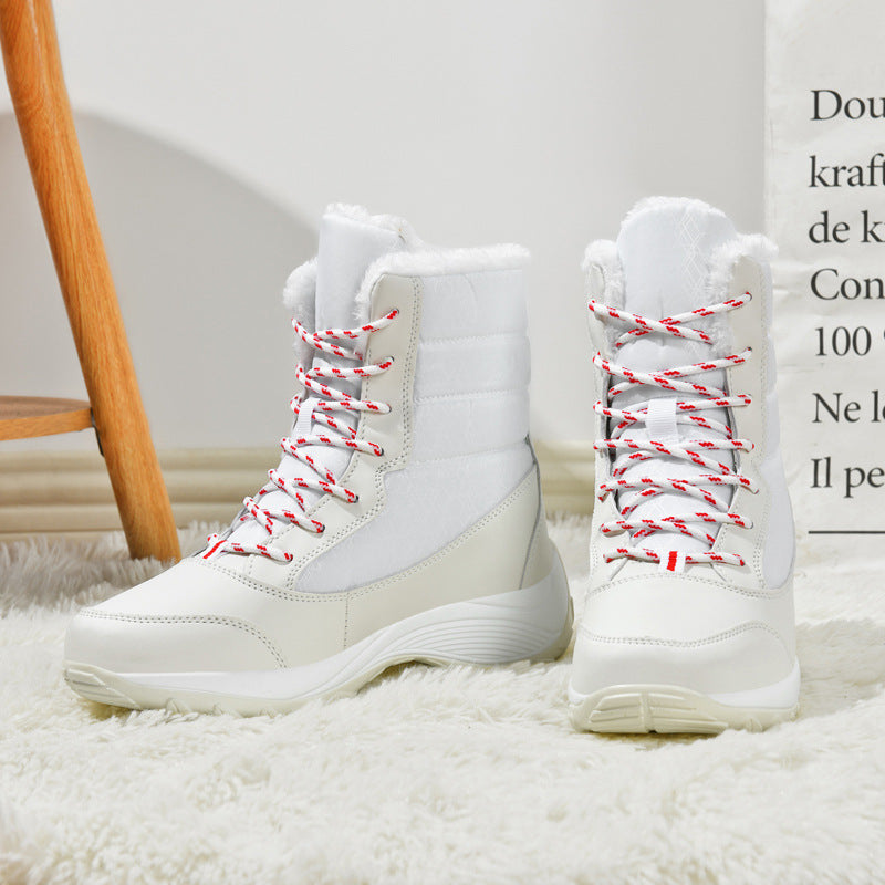Street Wave High Top Boots With Plush Faux Fur Lining Lace Up For Stylish Women Winter Warmth