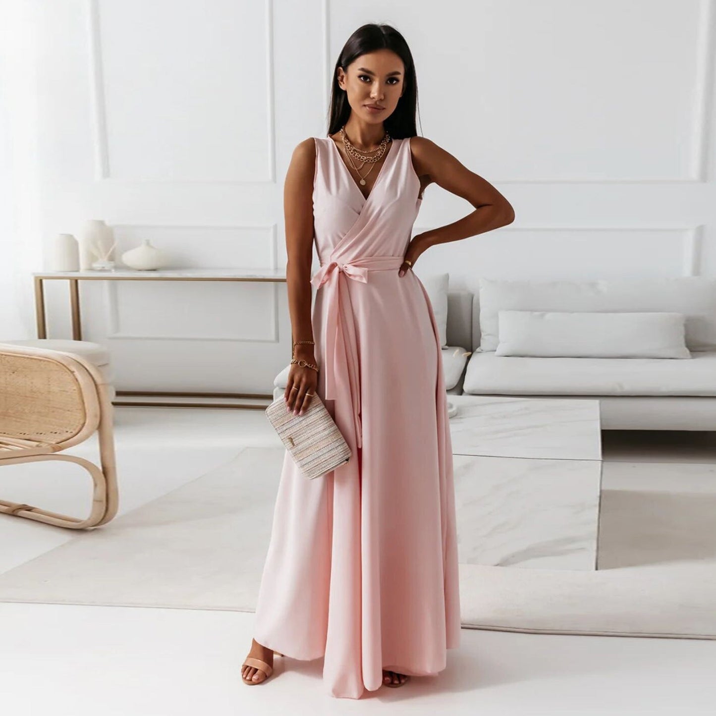 Street-Wave Elegant Wrap Dress For Women With Waist Tie Floor-Length Evening Gown For Weddings