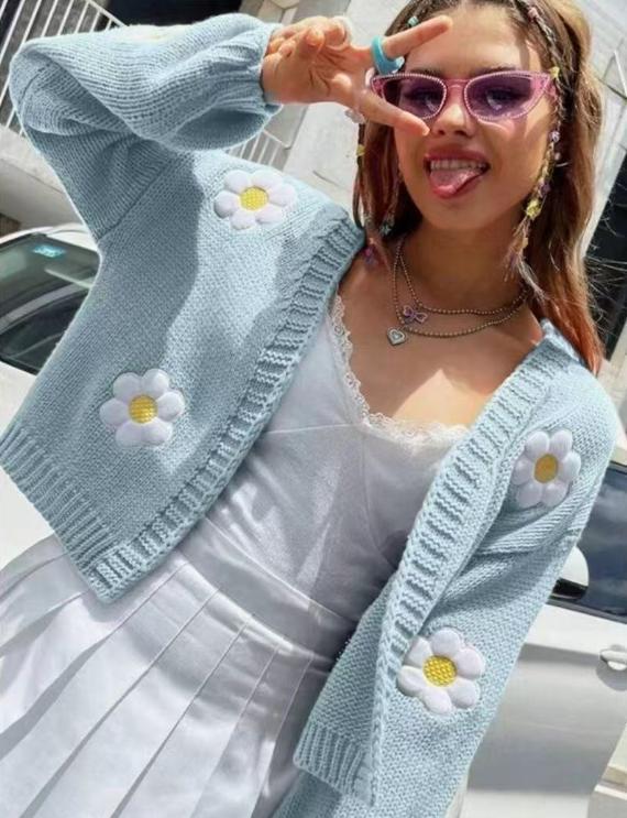 Street-wave Womens Floral Appliqué Knit Cardigan With Bright Colors For Fashionable Summer Look