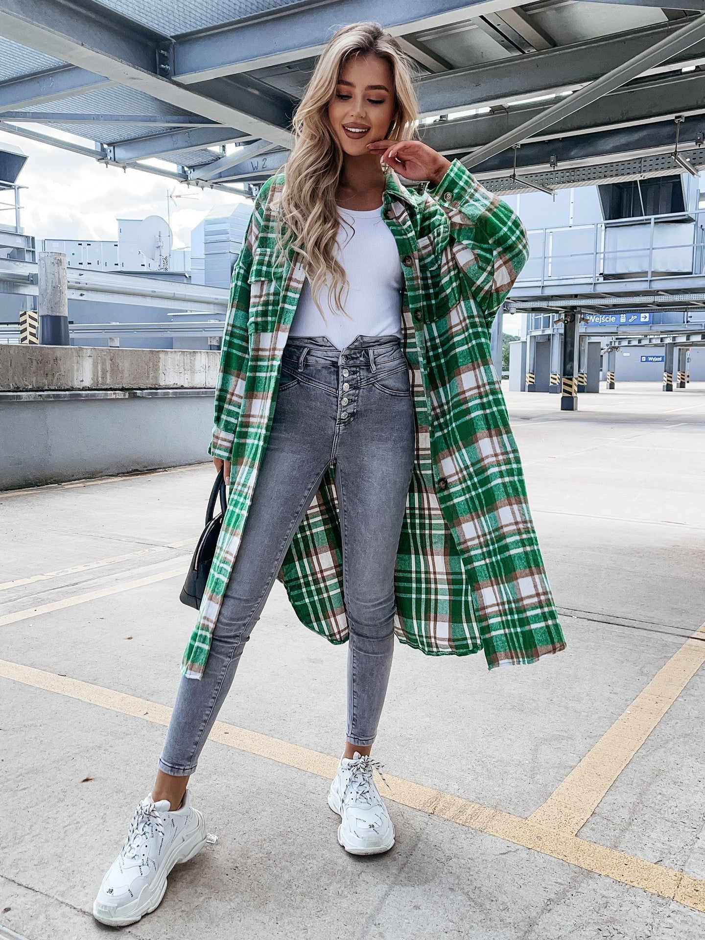 Street-wave Women Plaid Shirt Coat Longline With Soft Cotton Blend Comfort Versatile Everyday Wear