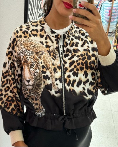 Leopard Print Bomber Jacket For Women Street-wave Relaxed Fit Bold Statement Outerwear