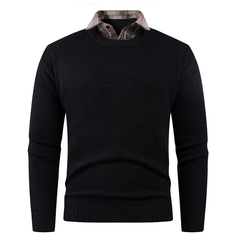 Street-wave Men's Fine Knit Crew Neck Pullover With Integrated Shirt Collar Breathable Cotton Blend