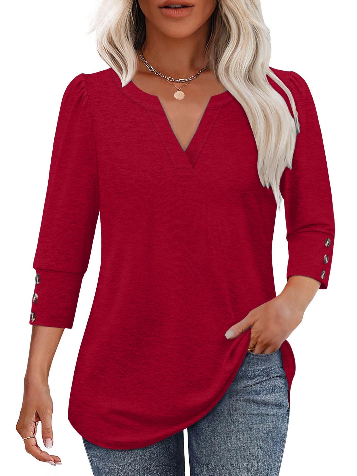 Street-wave Women's V-Neck Blouse With Decorative Button Details For Everyday Chic