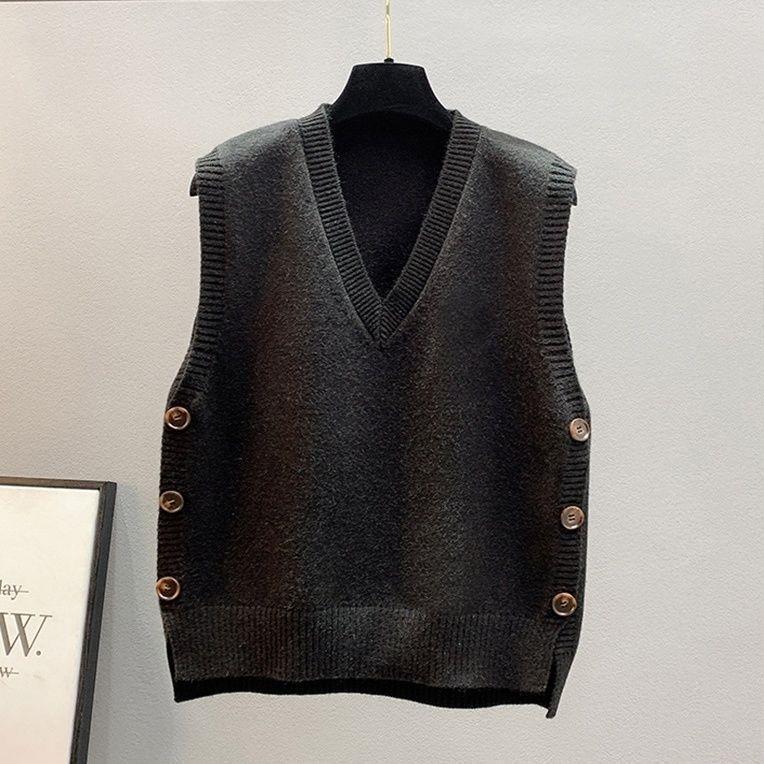 Street-Wave Womens Knit Vest With V-Neck And Button Details For Stylish Office To Casual Layering