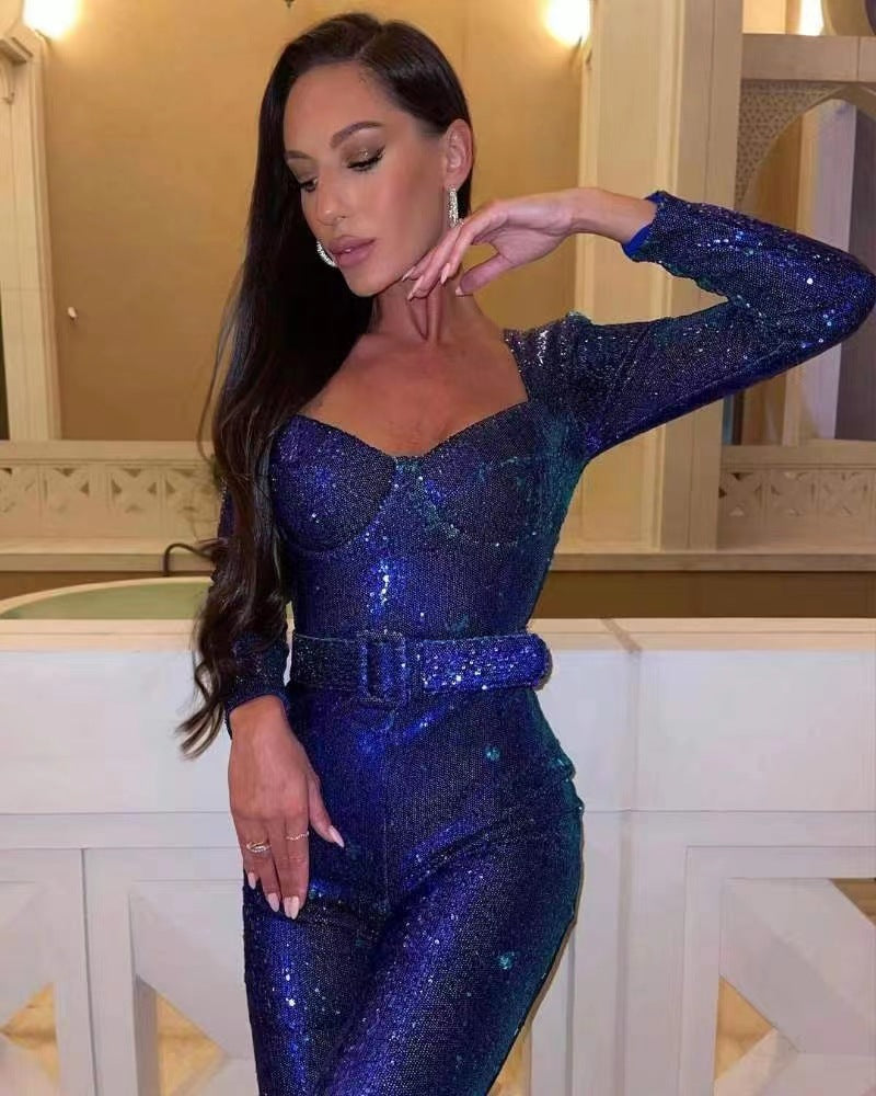 Street-Wave Sequin Jumpsuit for Women - Glamorous Belted Waist, Figure-Flattering, Showstopping Nightwear