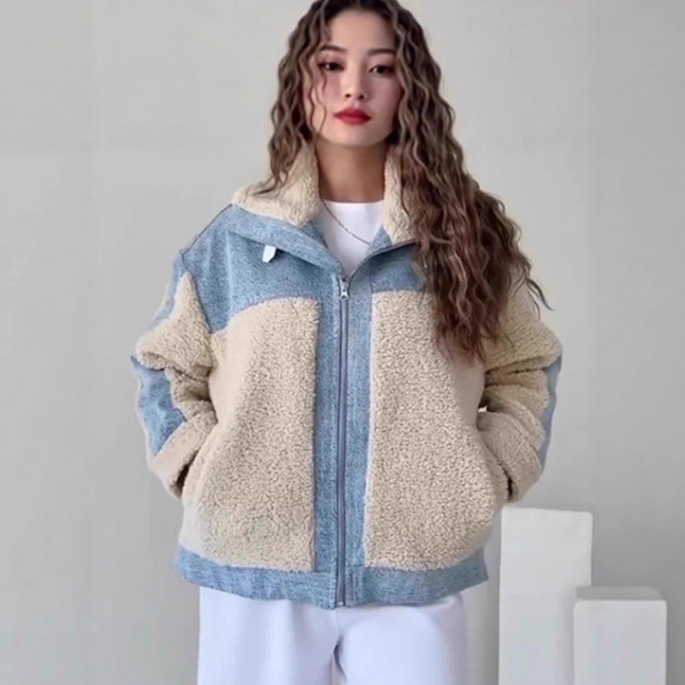 Street Wave Womens Fleece Jacket With Hood And Contrast Panels Cozy Warmth For Women Everyday Wear