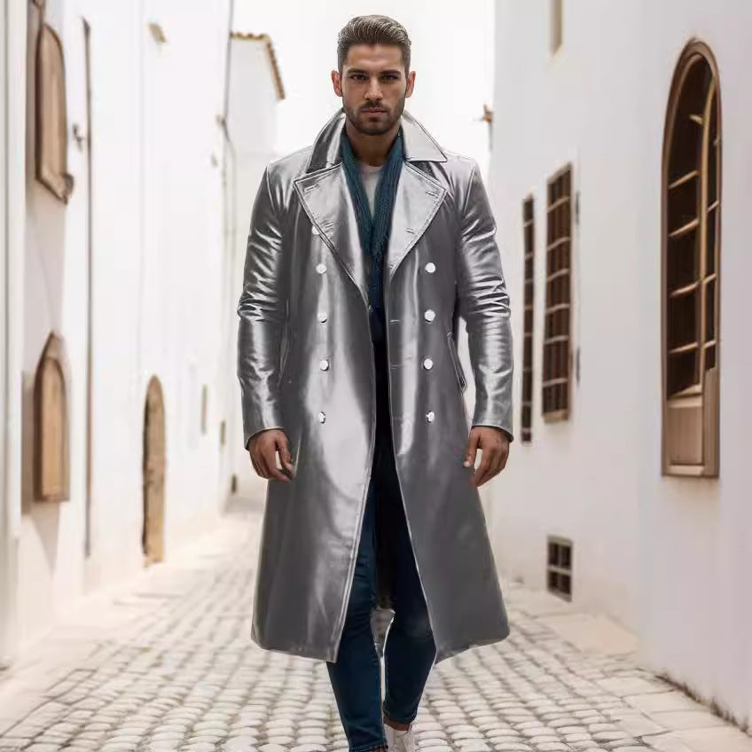 Streetwave Mens Glossy Long Coat Double Breasted Front Premium Winter Style For Fashionable Men