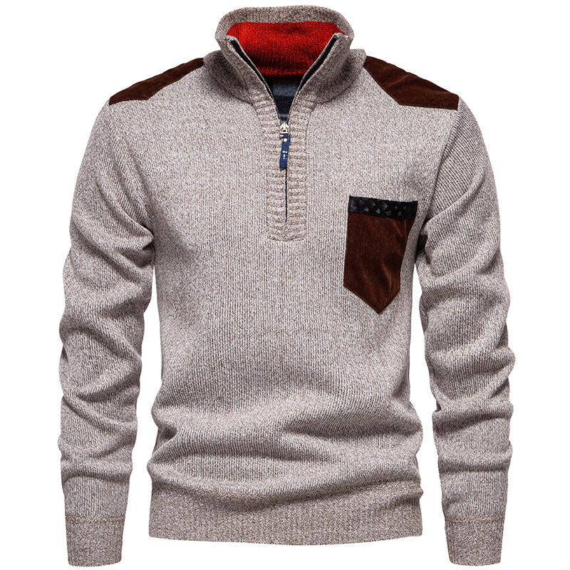 Street-Wave Men's Stand Collar Sweater With Contrast Details And Chest Pocket - Premium Warmth And Style