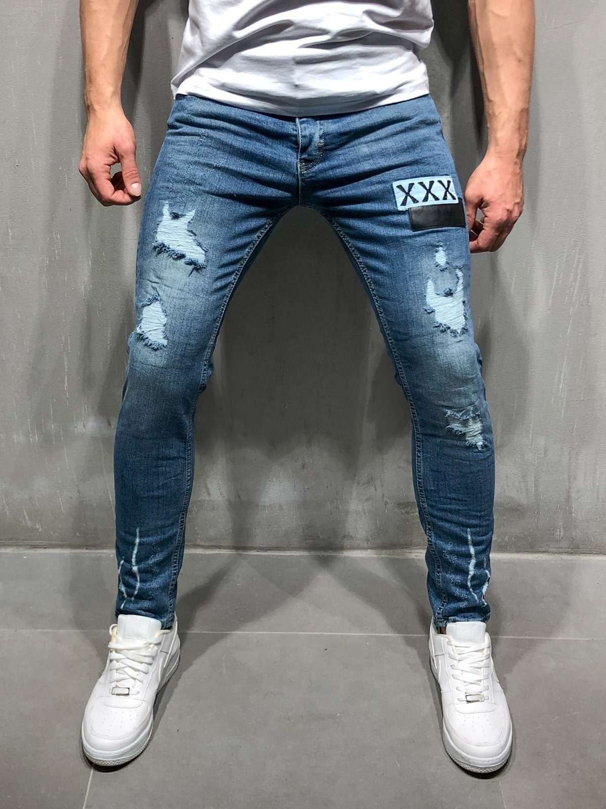 Street-wave Mens Slim Fit Jeans With Destroyed Effects For Fashionable Men Casual Streetwear