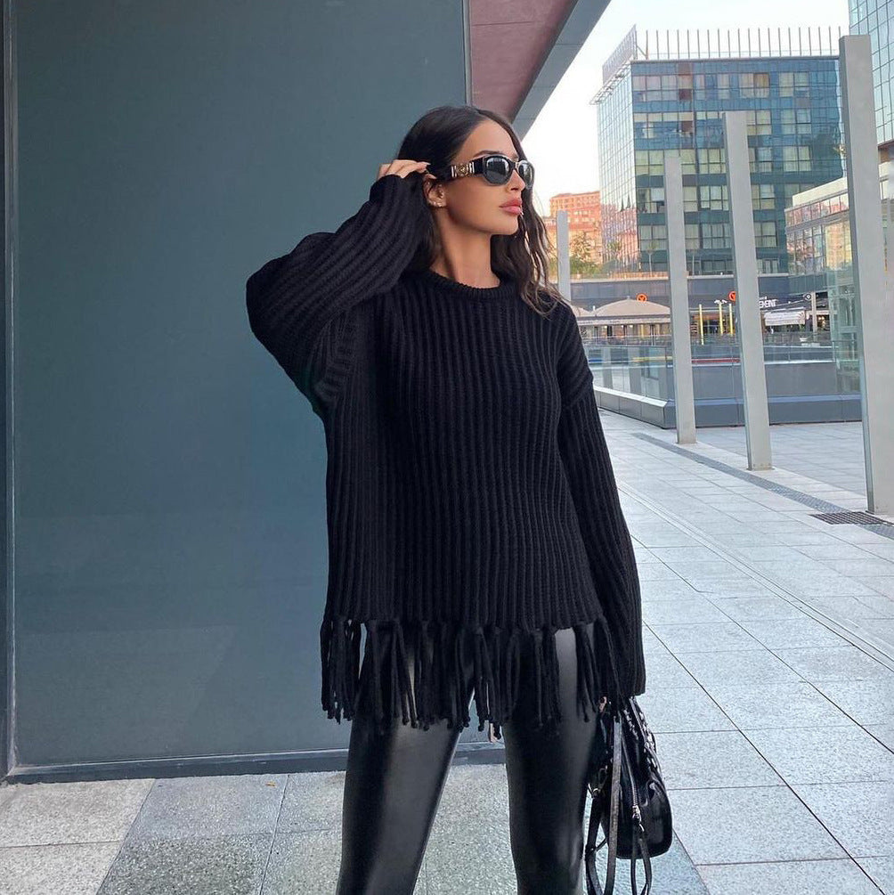 Womens Pullover Sweater Oversized Fit Chunky Wool Fringe Hem Street Wave