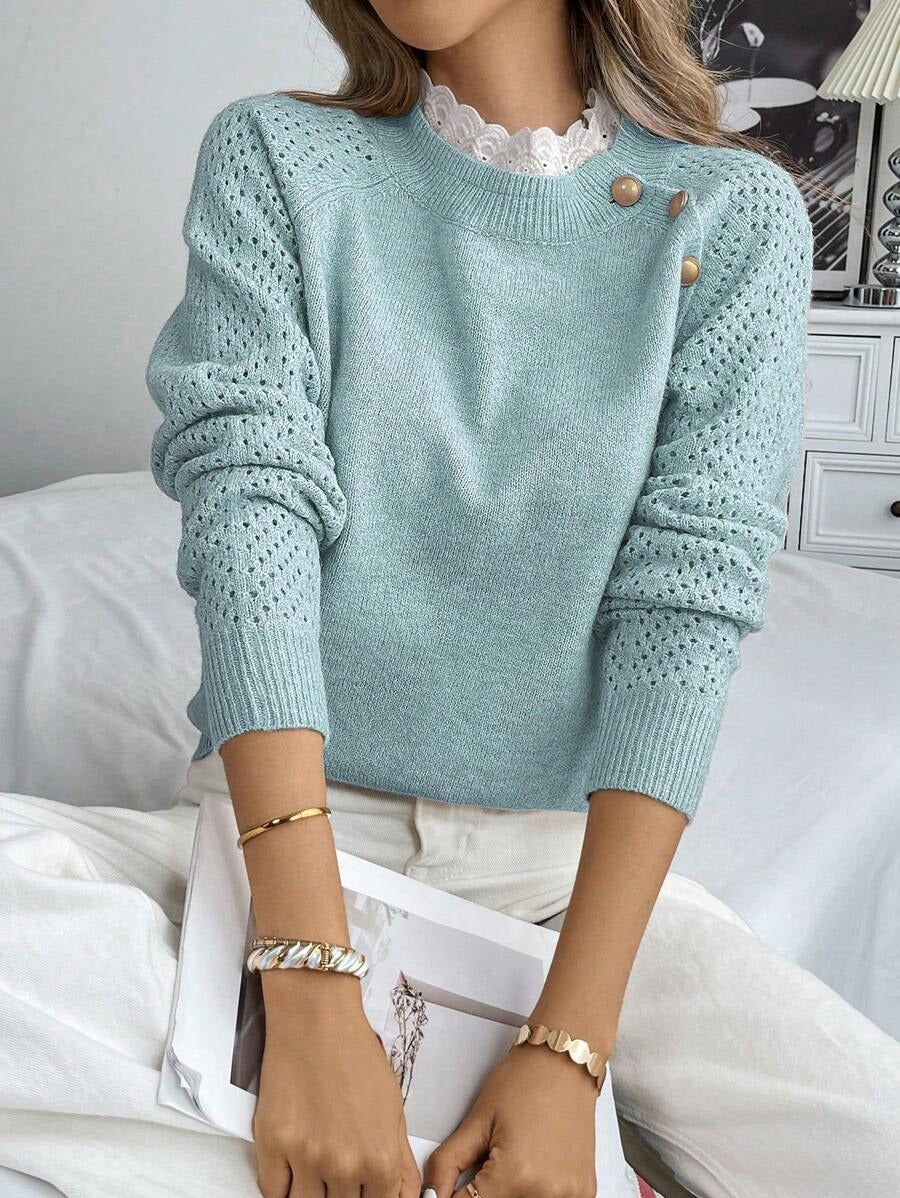 Street-wave Womens Knit Sweater With Button Shoulder Details And Eyelet Sleeves
