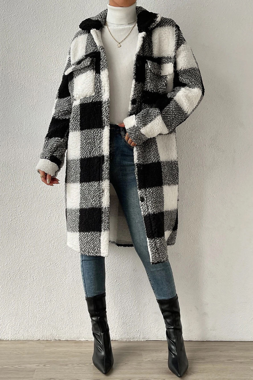 Streetwave Plaid Teddy Coat For Women Cozy Faux Fur Lined Wool Overcoat With Button Front